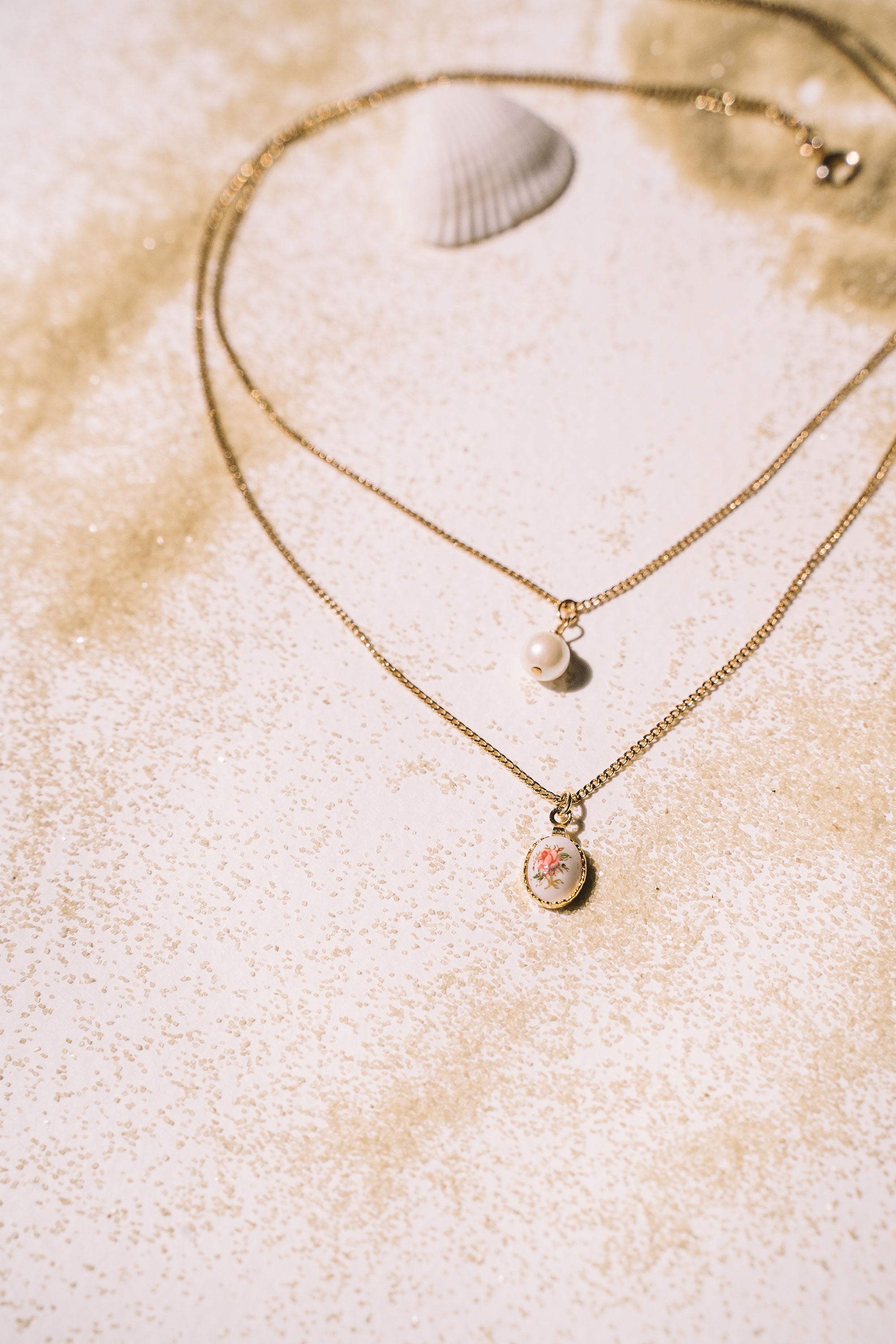 collier double avec pendentif vintage rose et perle