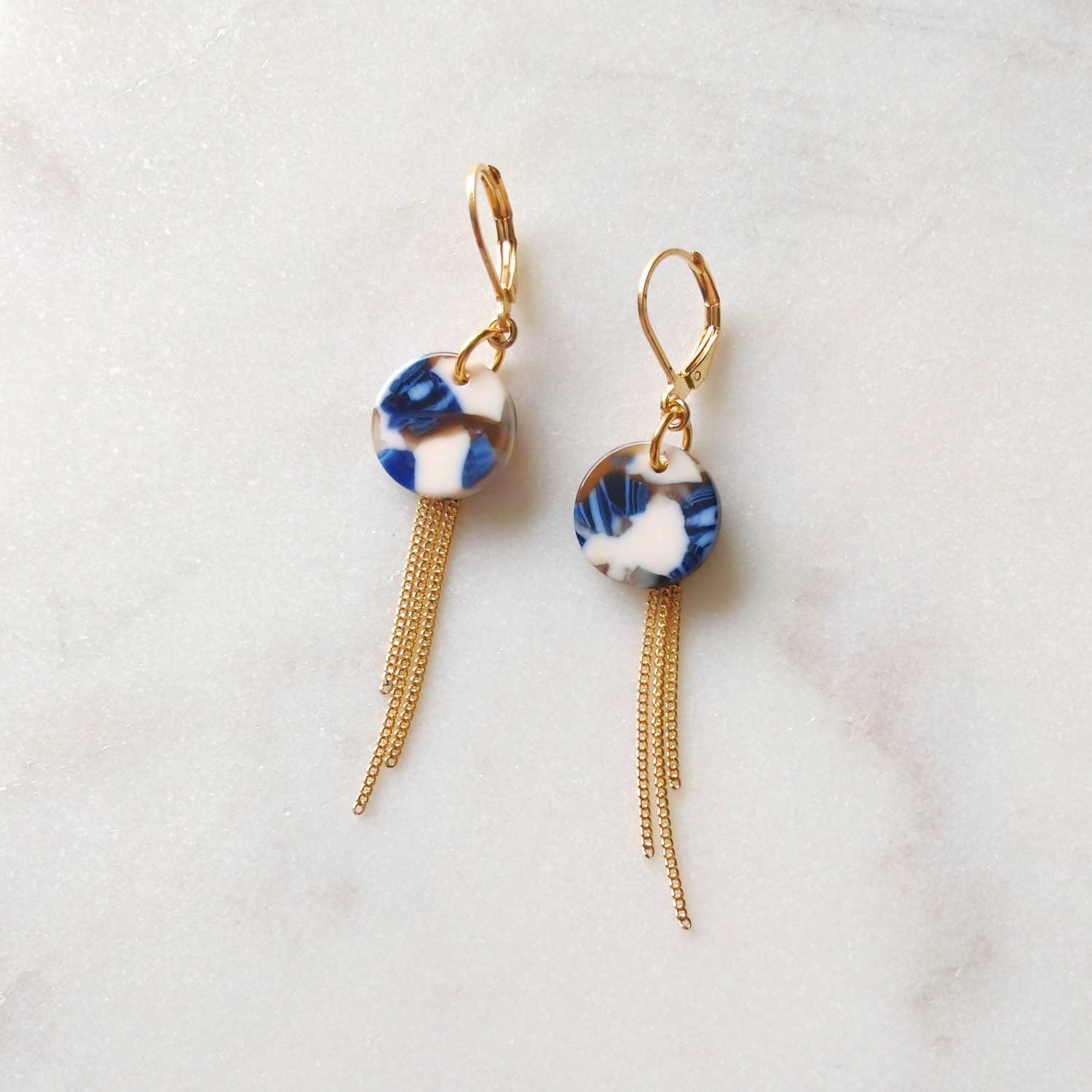Blue and white earrings gold