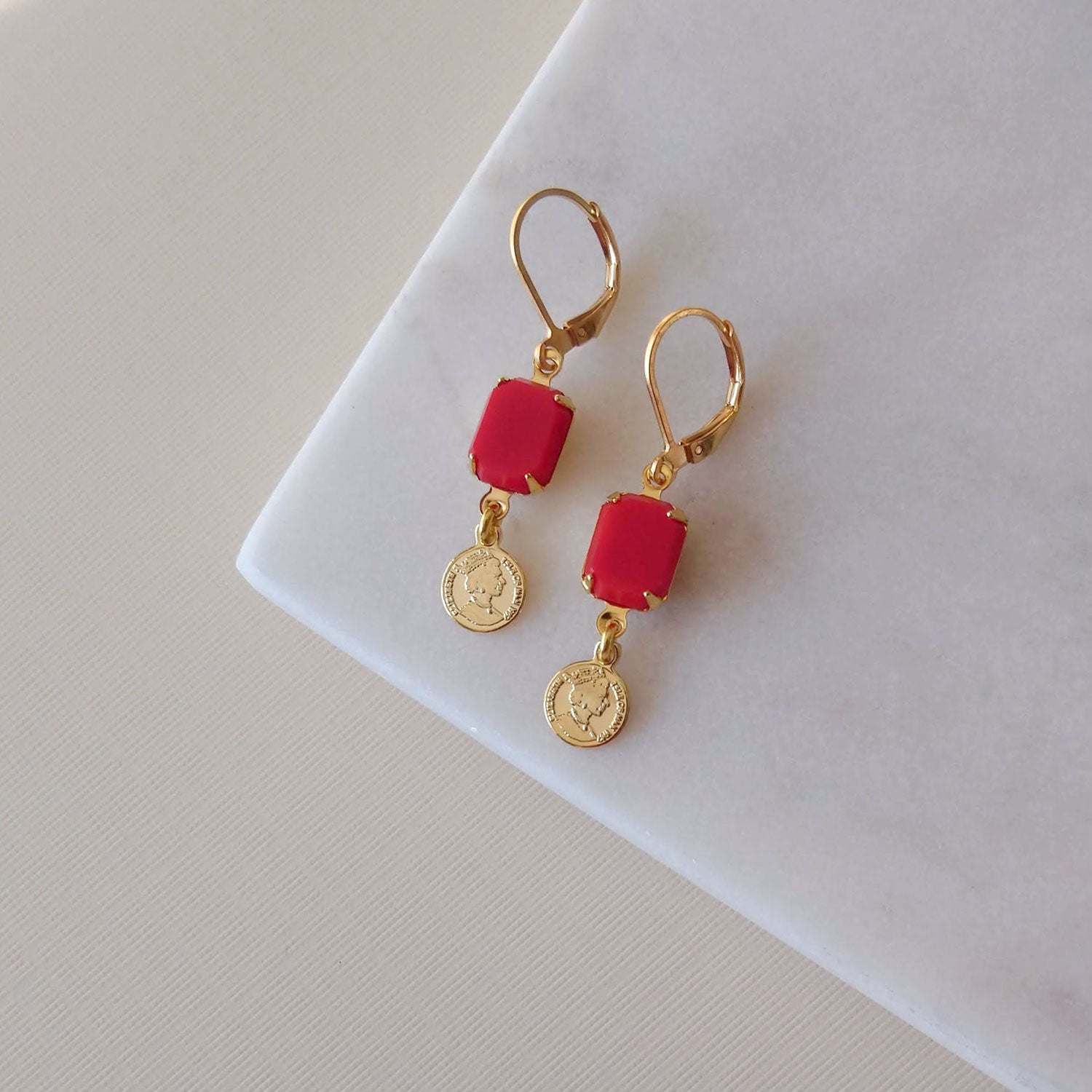 Cherry red earrings lucky charm coin