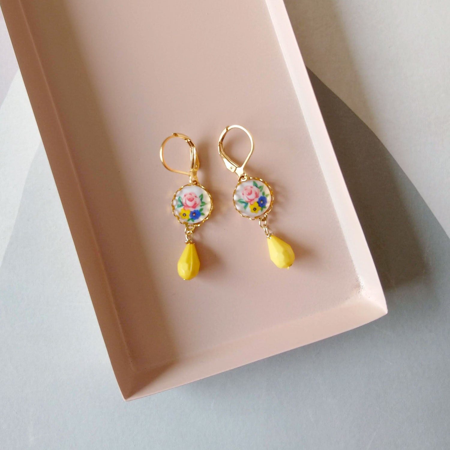 pretty dangle earrings flowers yellow drop