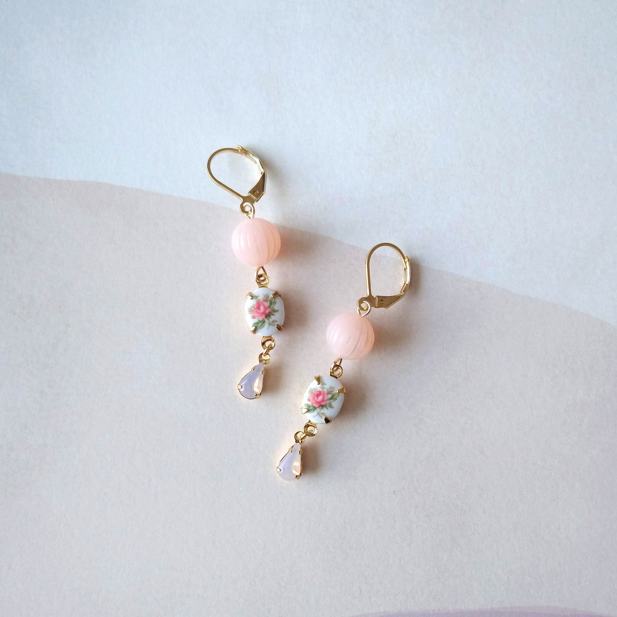 vintage style earrings opal pink rose cabochon