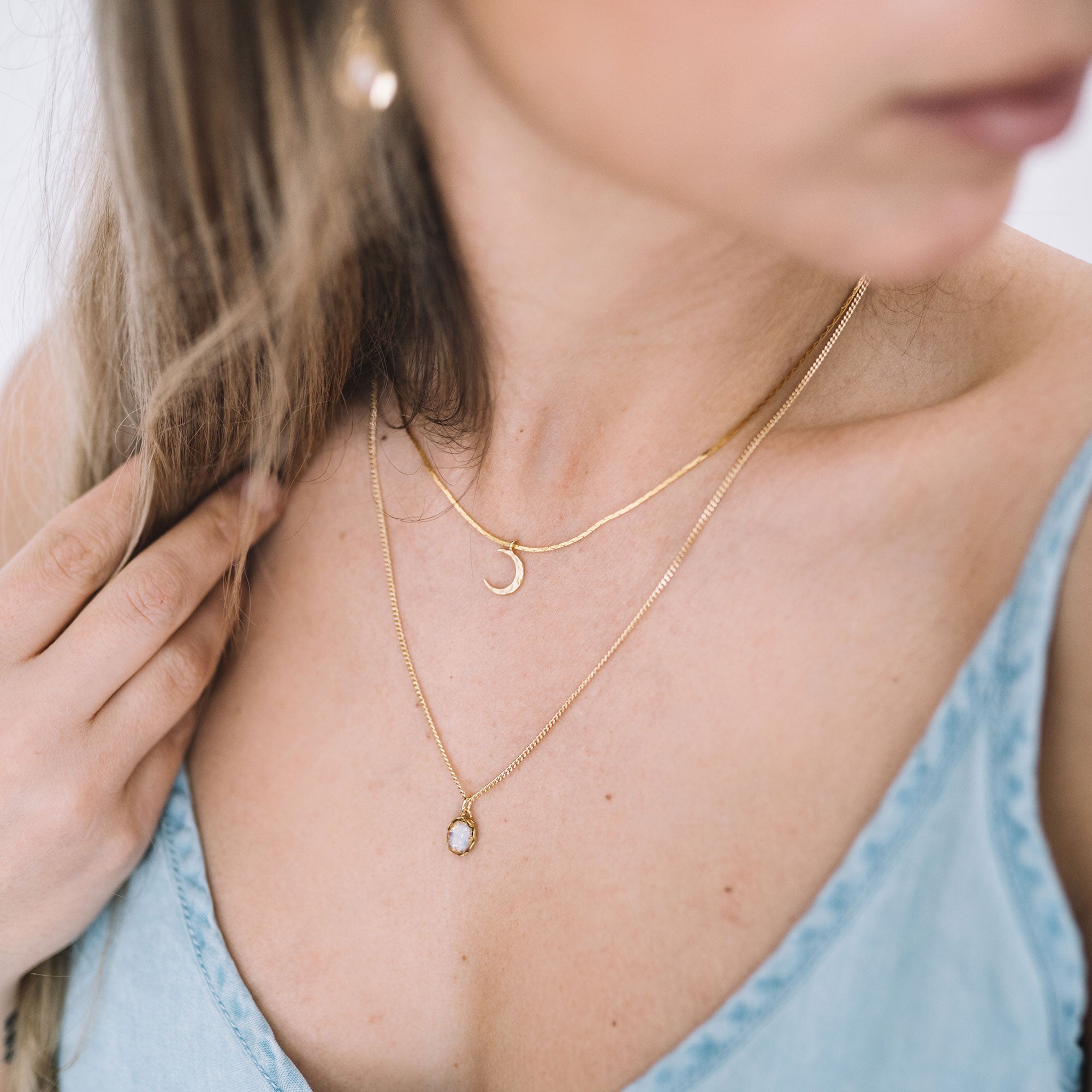 double layer necklace collier double croissant lune et opale