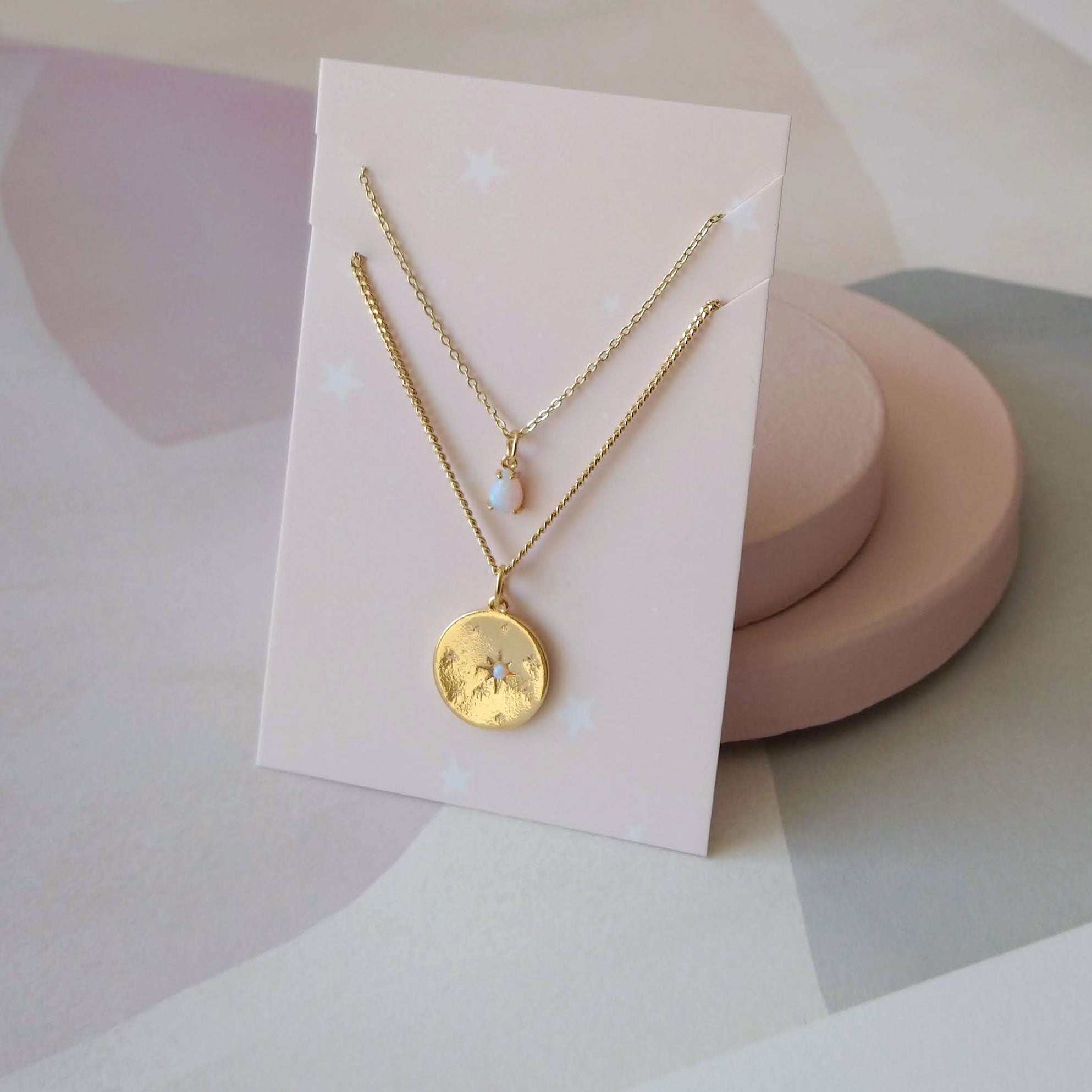 Opal Coin and Drop duo 14k gold filled necklaces (SD1580)