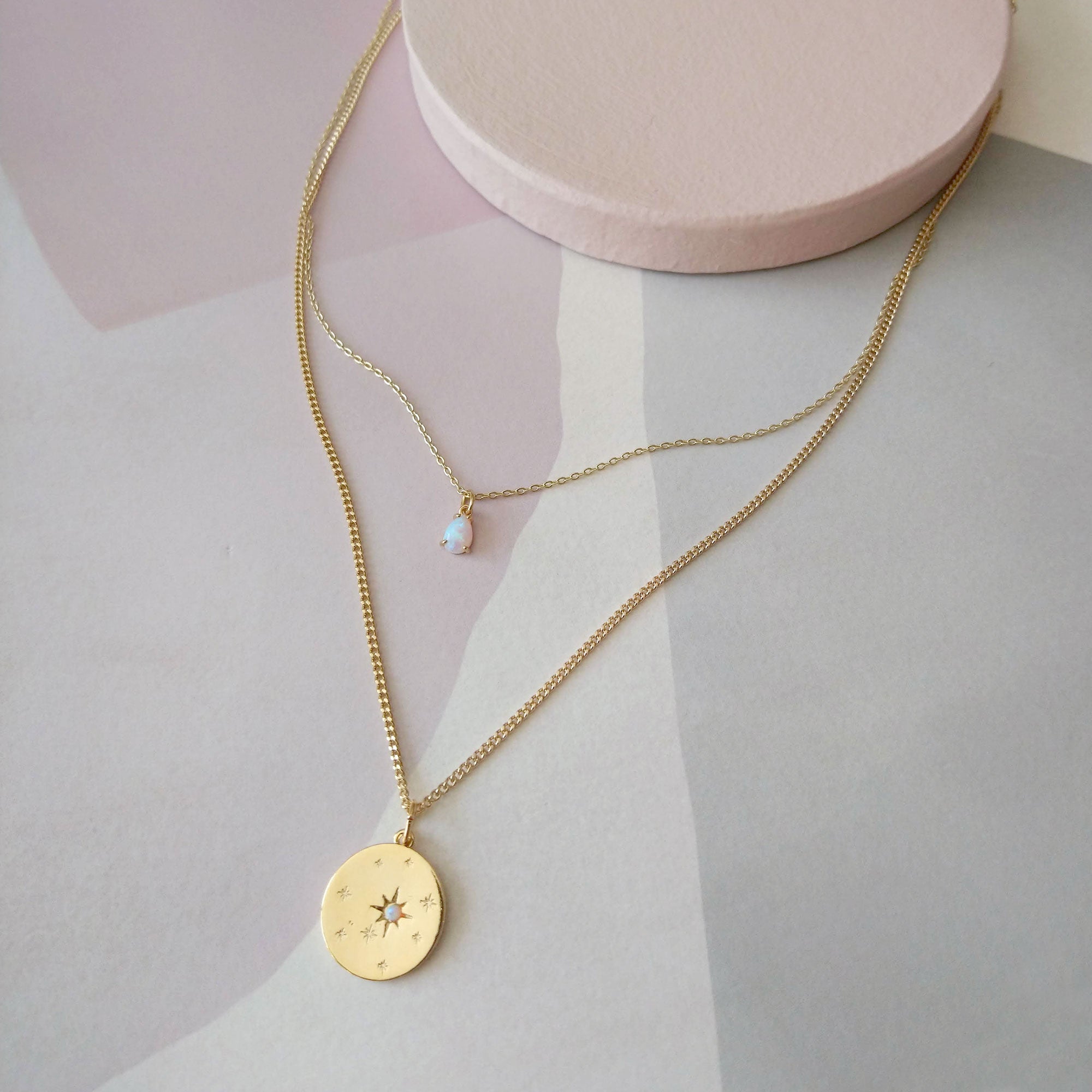 Opal Coin and Drop duo 14k gold filled necklaces (SD1580)