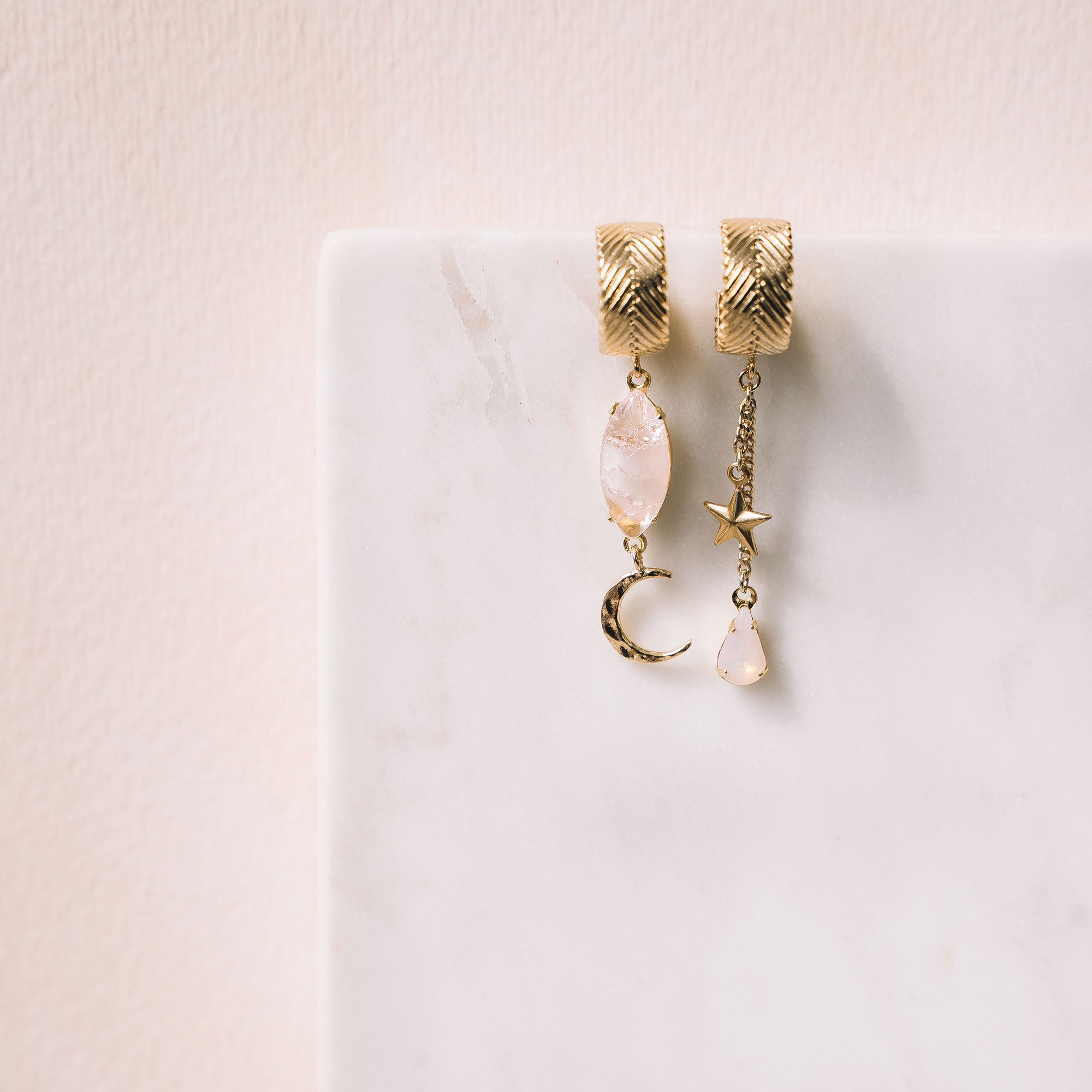 asymetrical earrings pink quartz moon crescent star