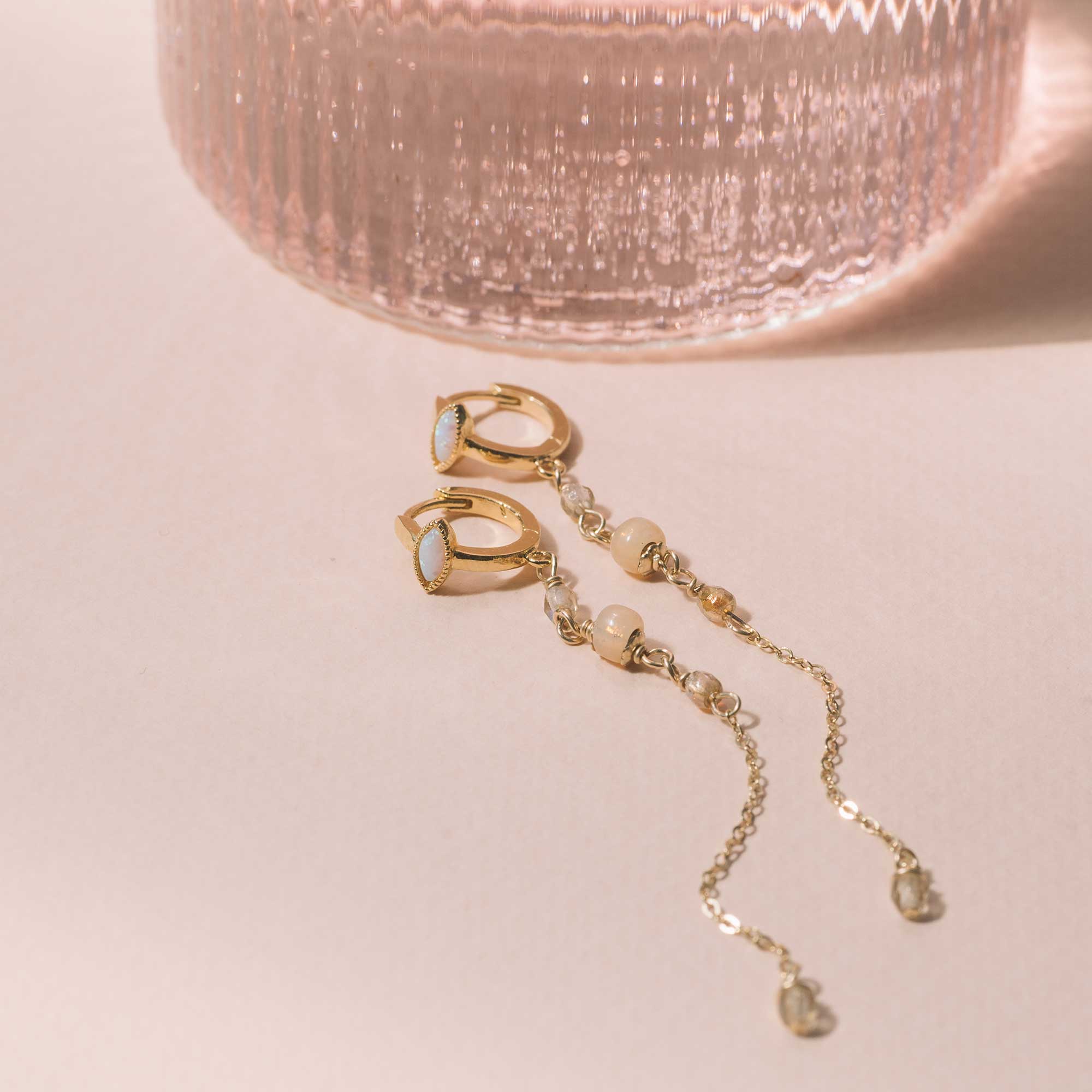 sandrine devost jewelry long earrings opal evil eye gold filled chain
