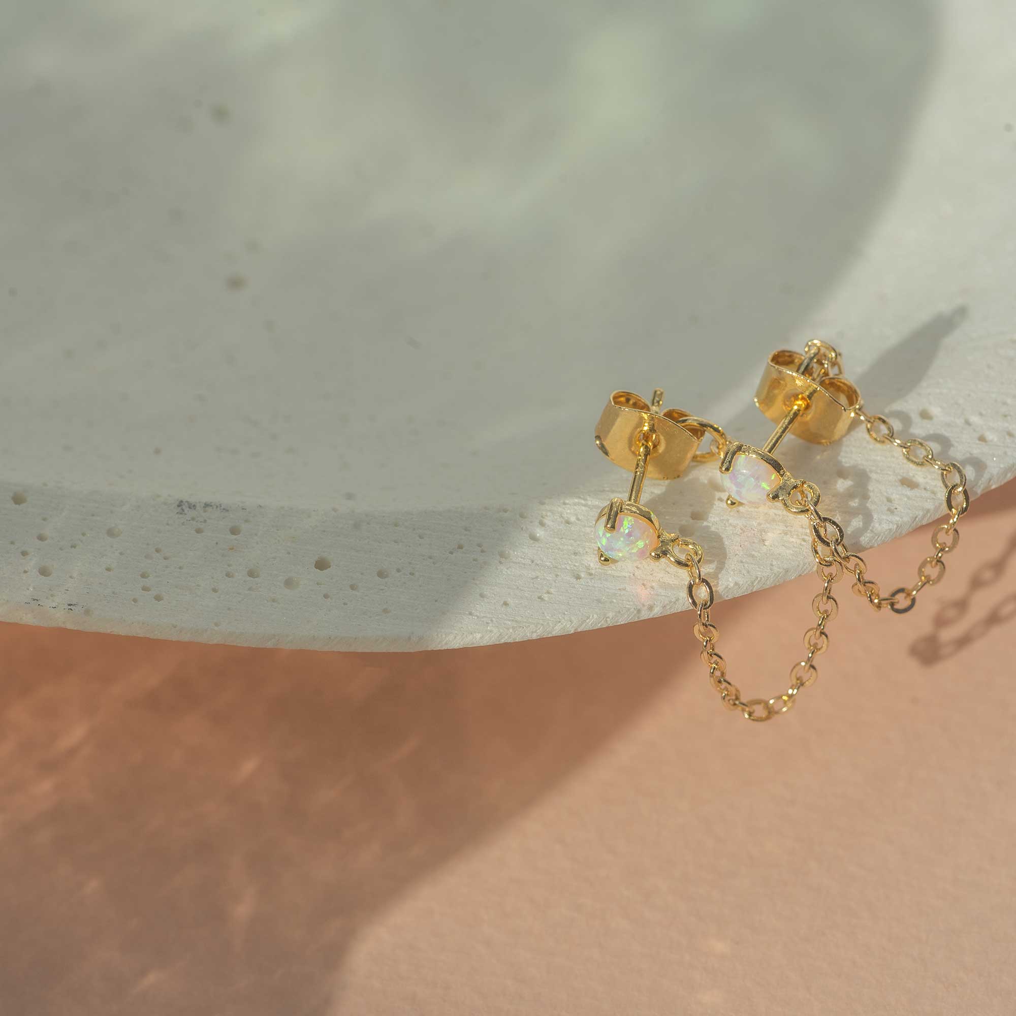 glass opal ear posts with 14K gold filled chain sandrine devost jewelry